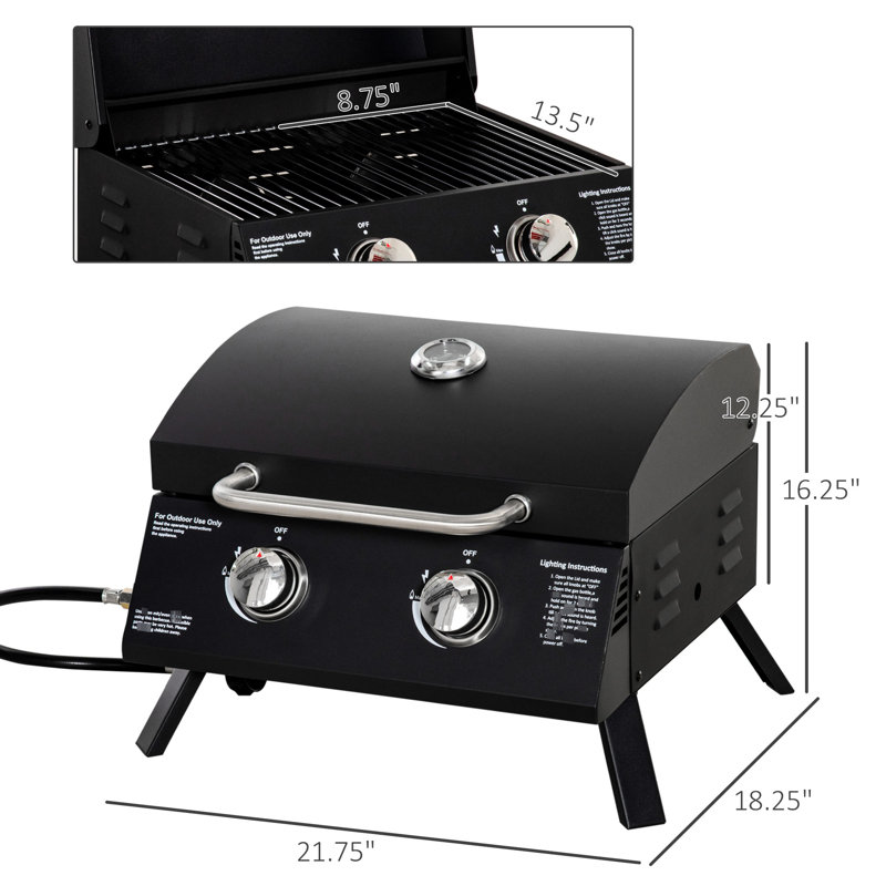 Barbecue à gaz portatif, 2 brûleurs au propane. Pieds pliables pour le rangement. Couvercle et thermomètre inclus. Noir. Parfait pour le camping, les pique-niques et le barbecue dans le jardin. Transport facile.