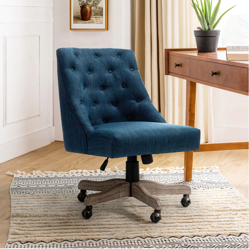 Chaise de travail capitonnée à boutons H 38,5 po Vail avec base en bois manufacturé et massif, Sergé bleu marine