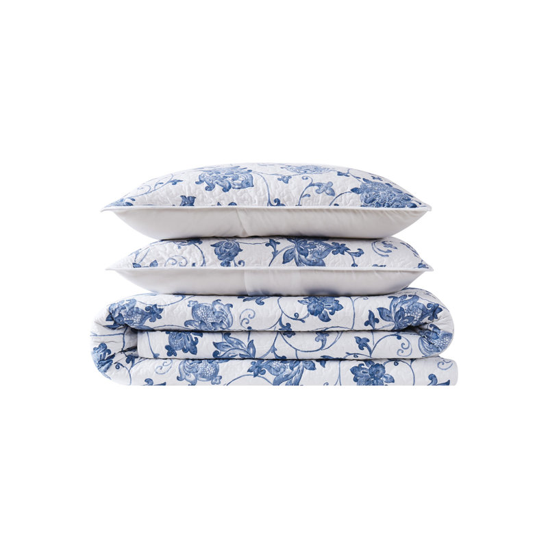 Full Blue Cotton Reversible Floral Quilt Set
