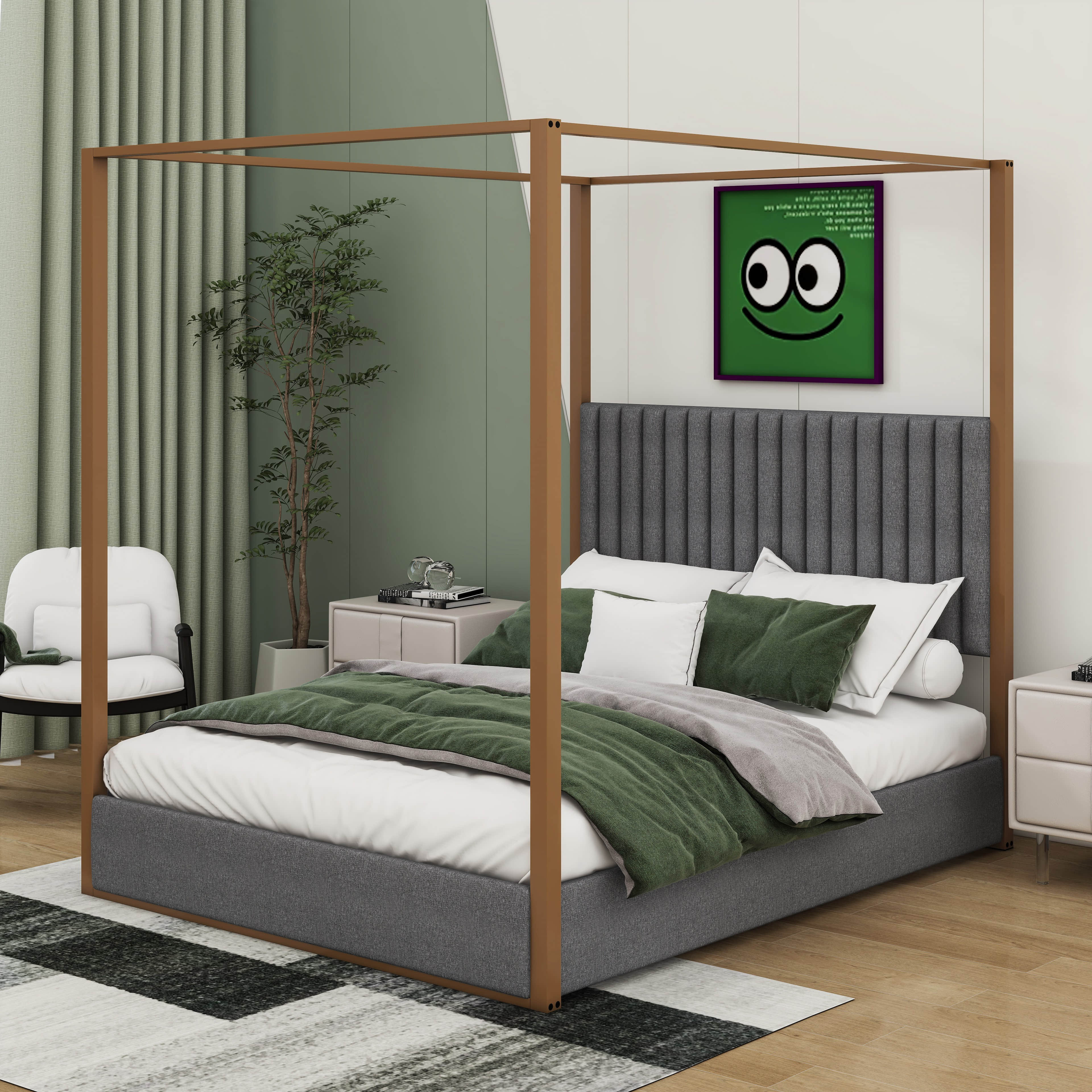 Everly Quinn Queen Size Upholstery Canopy Platform Bed With Headboard