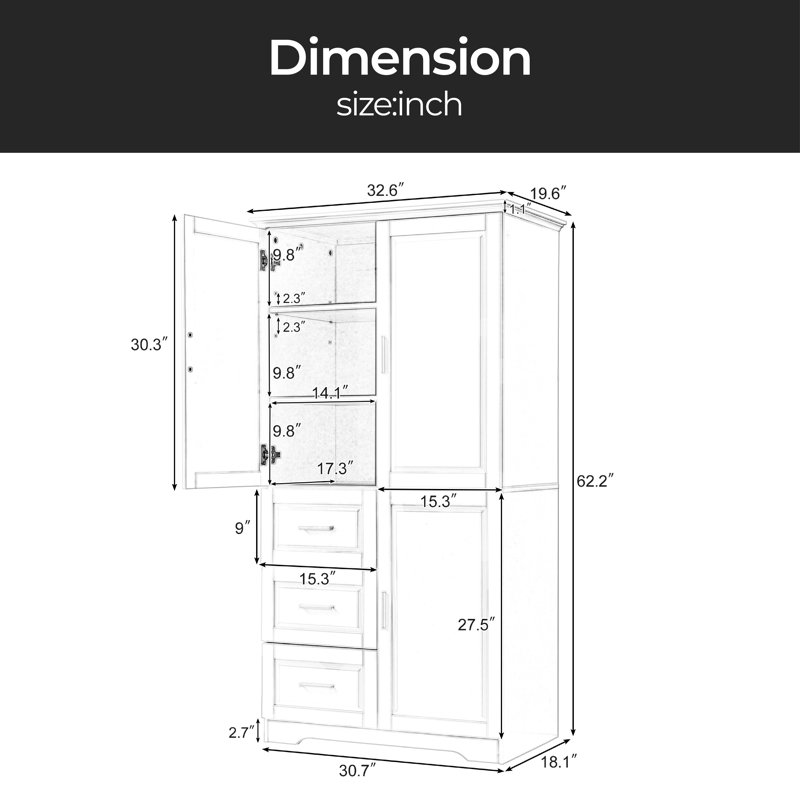 Tall And Wide Storage Cabinet With Doors For Bathroom/Office, Three Drawers, Grey