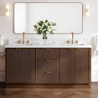 Meuble-lavabo double en bois massif de 72 po avec plateau en quartz blanc de 1,5 po Haun