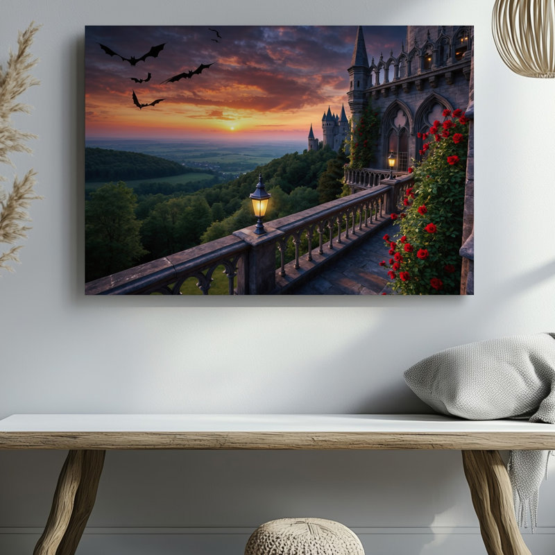 Toile, "Un balcon gothique orné de roses rouges éclatantes qui surplombe un art mural, paysage étendu au coucher du soleil, ciel"