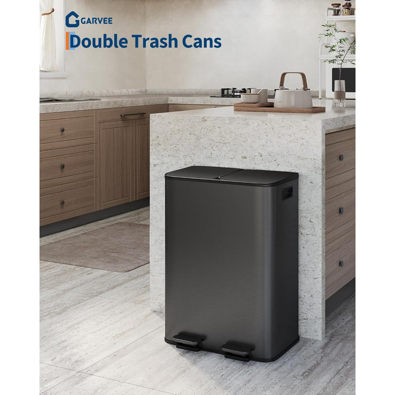 Poubelle double 2 x 8 gallons avec seaux intérieurs amovibles, poubelle rectangulaire avec couvercle à fermeture en douceur, poubelle de recyclage résistante aux taches pour cuisine, salle à manger, restaurant, argent