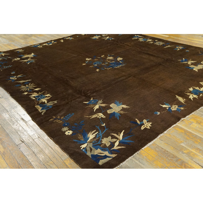 Antique Floral Medallion Wool Hand Knotted Pile Brown Earth Tone 1890s Rug