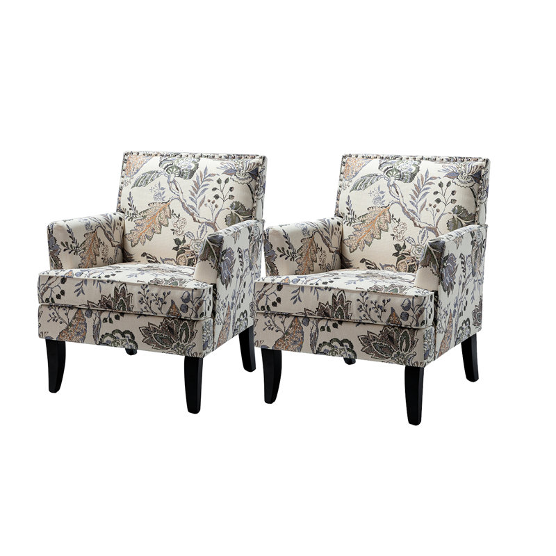 Iliana 27.15" Wide Transitional Upholstered Armchair with Nail Head Trim, Cream/Gray/Orange Floral Polyester Blend