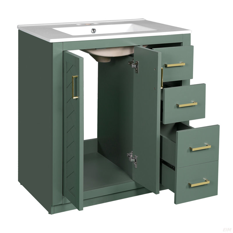 30'' Bathroom Vanity With Ceramic Sink Combo, Solid Wood Frame Bathroom Storage Cabinet, Freestanding Vanity Set With 3 Drawers& Soft Closing Doors
