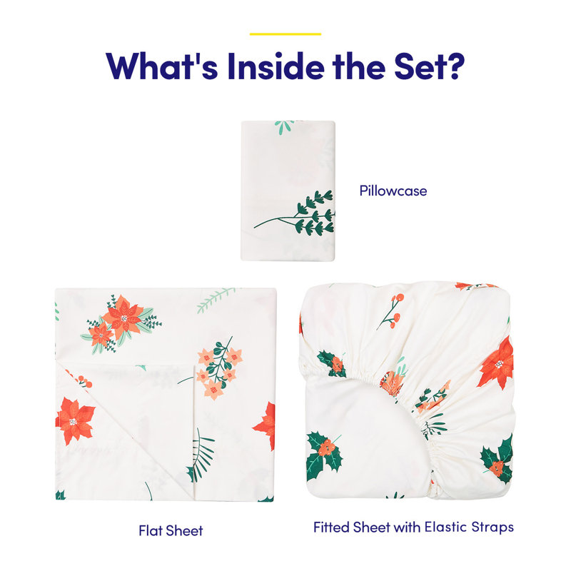 Printed Holiday 3Pc Sheet Sets, Easy Care, Soft & Wrinkle-Resistant Holiday Bedding - Poinsettia, Twin, Off-White Poinsettia