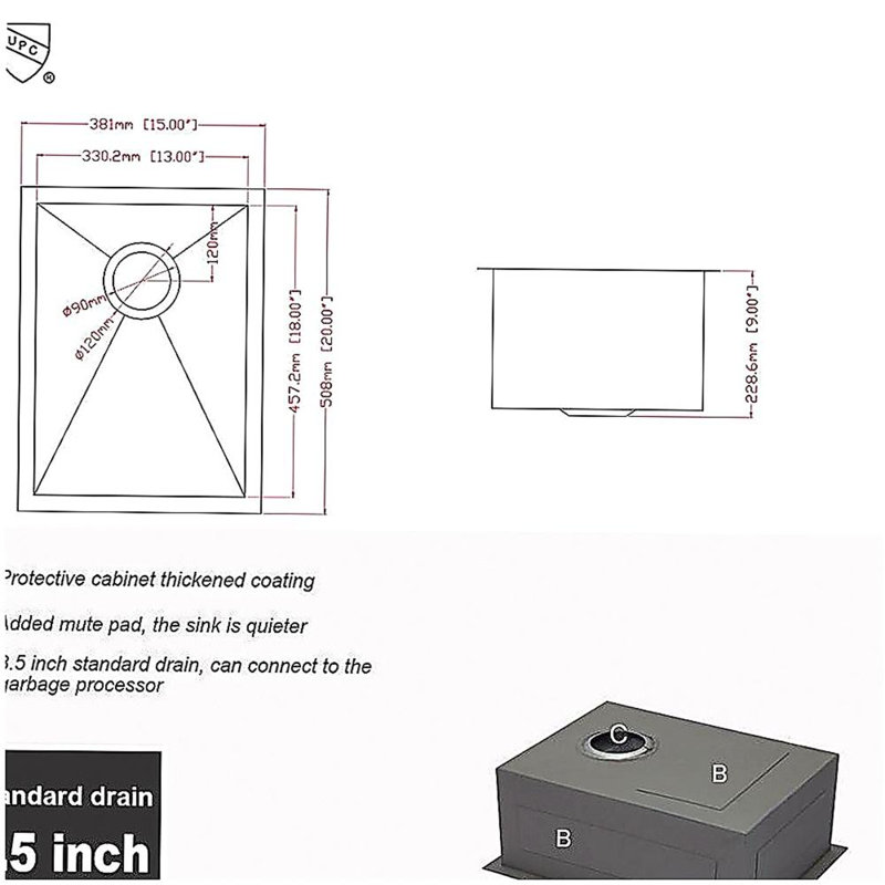 Évier de cuisine encastré 15 po - évier de cuisine encastrable 15 po x 20 po x 9 po en acier inoxydable profond de calibre 16