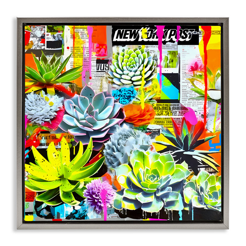 Art mural sur toile Urban Graffiti Succulents Floater par Jess Stempel, H 25 po x l 25 po, Cadre flottant gris lustré