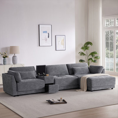 Canapé modulaire en forme de L de 124 po avec console de rangement multifonctionnelle, chargeur câblé et sans fil, repose-pieds mobile, coussin plus large et plus épais, combinaison libre pour le salon et l’appartement, chenille