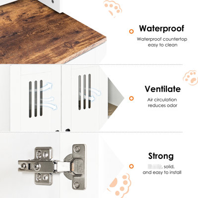 2 - Cat Litter Box Enclosure, Multi Functional Hidden Furniture, Can Be Used As Side Cabinet, Two Compartments, White And Walnut Finish Double Room For Cats, Use Design, Doors, Air Holes, Particle