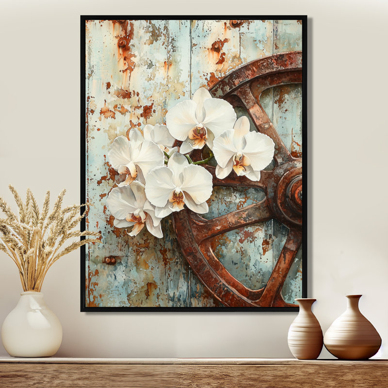 Orchidées Kynston par la roue du chariot I - art mural orchidée, Impression sur cadre flottant, Noir, H 20 po x l 12 po