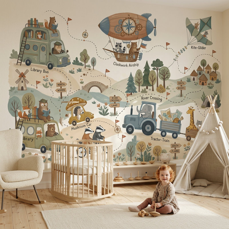 Papier peint carte fantaisiste, livre de contes, animaux des bois, 160 po x 108 po, Texturé non collé