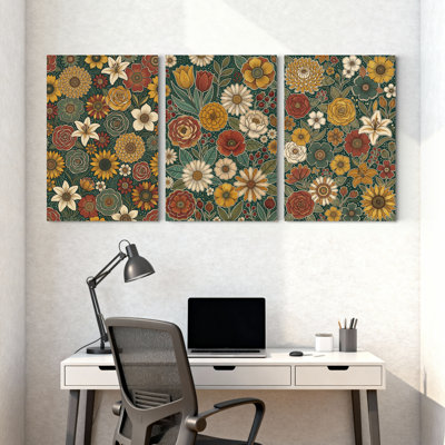 Plantes et fleurs, motif floral avec couleurs vives et fleurs variées, ensemble de 3 impressions sur toile