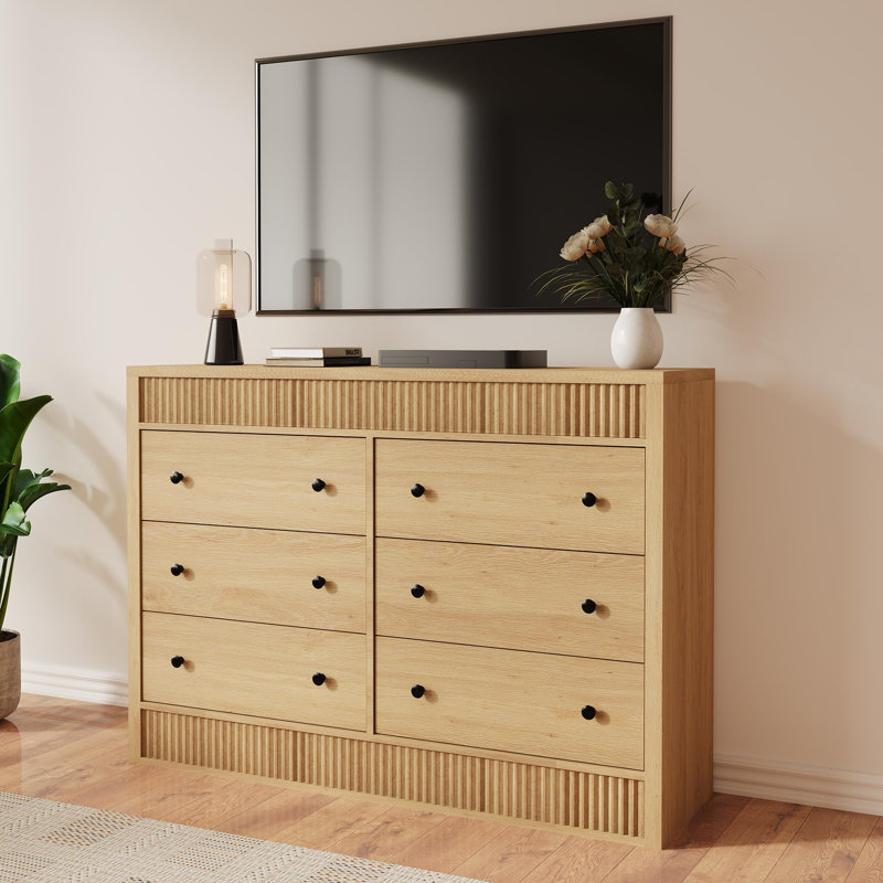Modern Fluted 6 Drawer Dresser, 47" Wide Wooden Chest, Bedroom Living Room Hallway Entryway, Storage Organizer, Beige