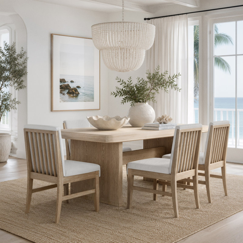 Jeraldy Trestle Wood Dining Set with Upholstered Chairs, Light Oak, 5 Pieces: Table, 4 Chairs