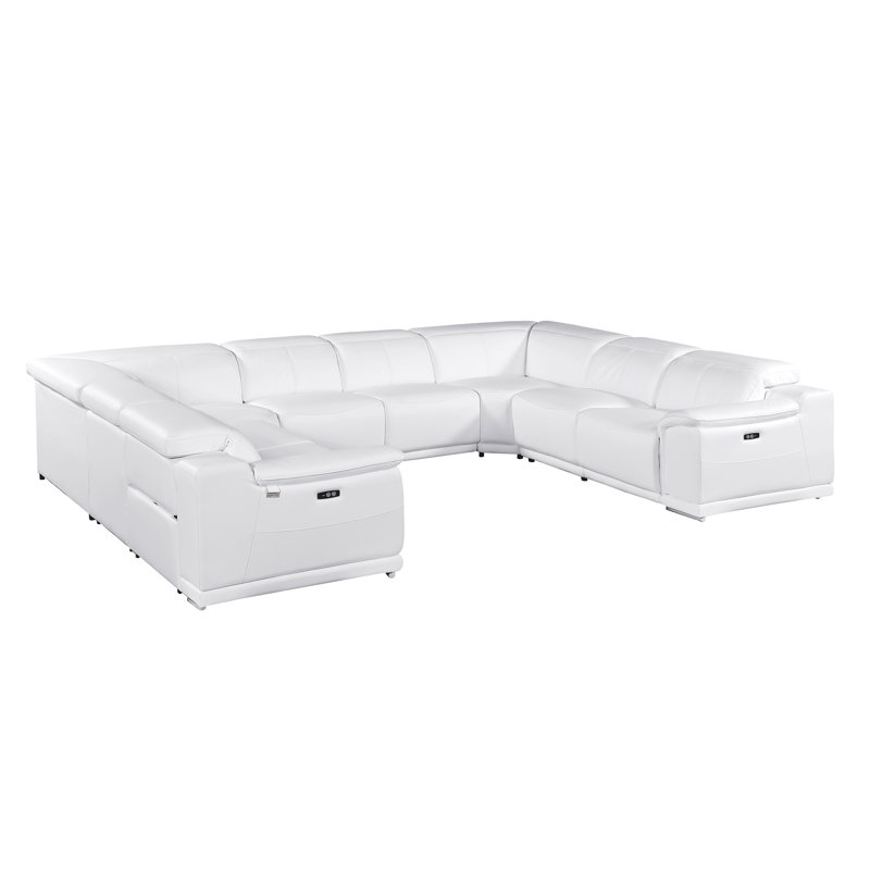 Lily 8 Piece 4 Power Top Grain Italian Leather Sectional, White Genuine Leather