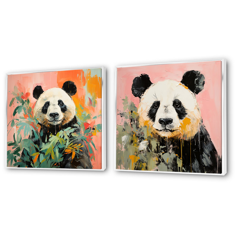 Ensemble de salon 2 pièces Panda blanc et rose en fleurs I - Panda Wall Art, H 30 po x l 61 po x P 1 po, Cadre flottant blanc