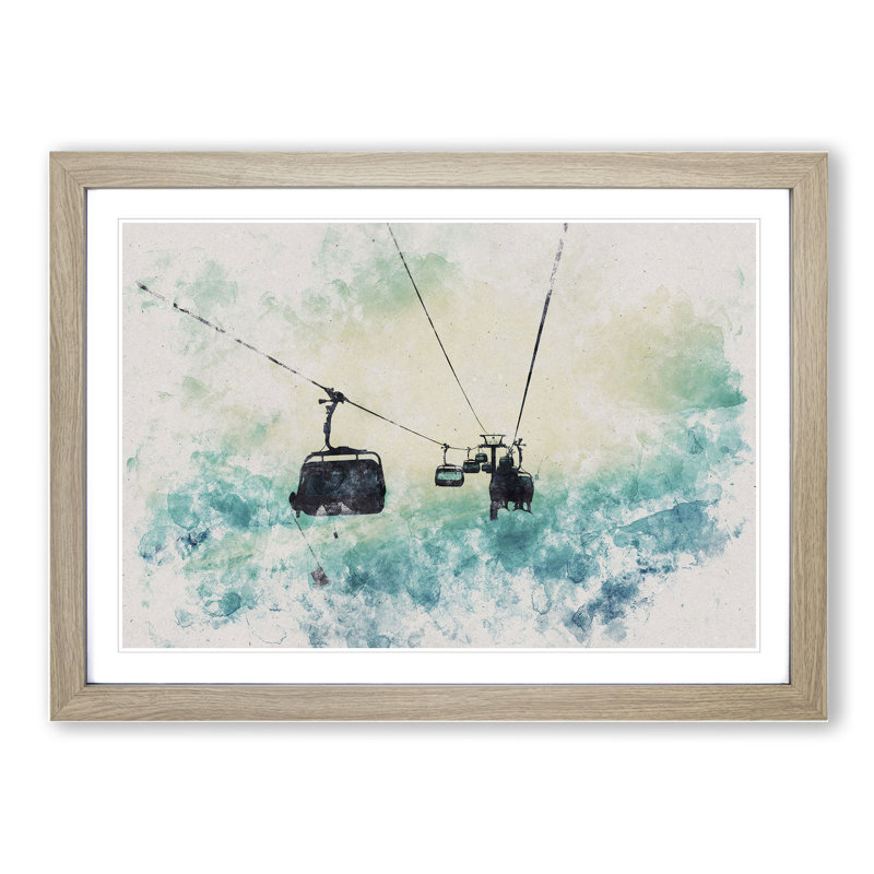 Ski Lift - Single Picture Frame Print on Wood, 27cm H x 36cm W x 2cm D, Oak Framed
