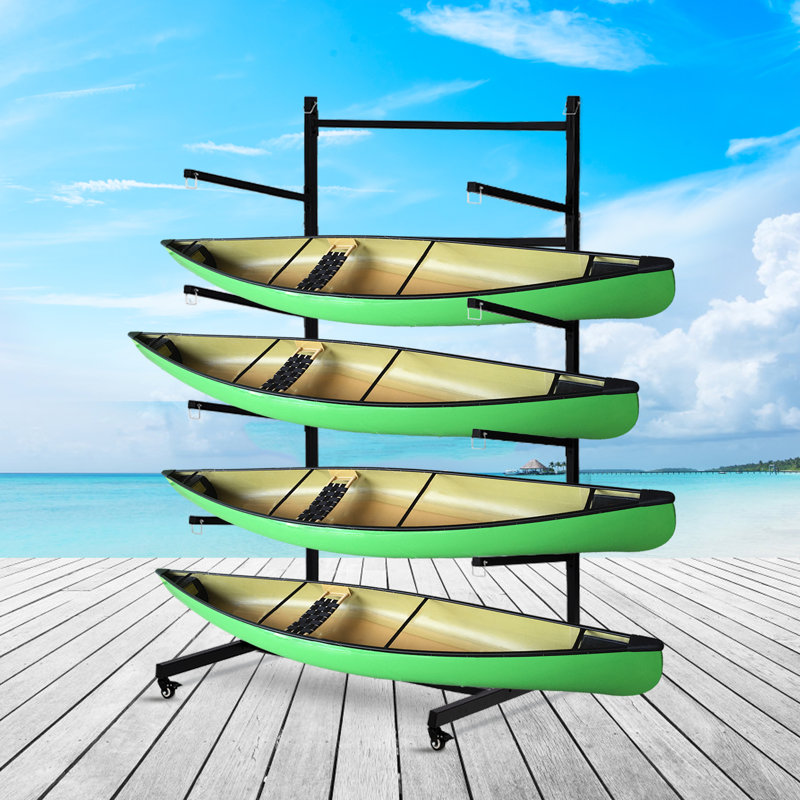 Support de rangement robuste et réglable pour kayaks avec roulettes – Support autoportant pour 4 kayaks, canots, planches de surf, planches à pagaie – Organisateur de garage intérieur et extérieur – 4 niveaux