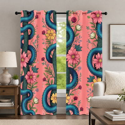 Rideaux à motifs floraux et serpents (lot de 2), rideaux artistiques à thème botanique, rideaux à œillets imprimés de motifs naturels éclatants, décoration de fenêtre pour chambre et salon