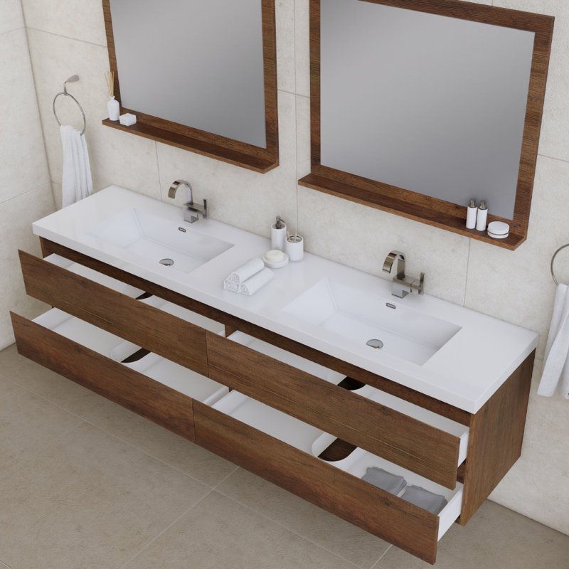 Arjina 84'' Double Bathroom Vanity with Solid Surface Top, Rosewood
