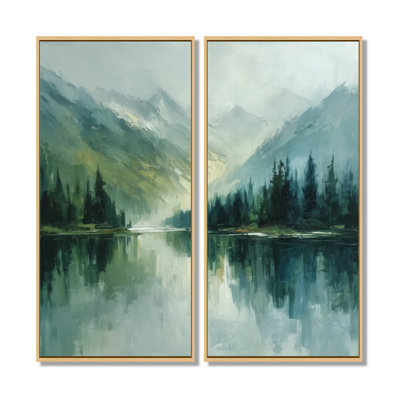 «Green Black Lake Breeze Sunrise Mist», reproduction d'art sur toile encadrée, paysage vert, art mural 2 pièces