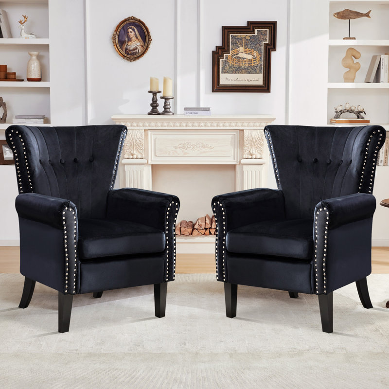 Tufted Wingback Accent Chairs With Classic Arms And Wooden Legs, Classic Black Velvet