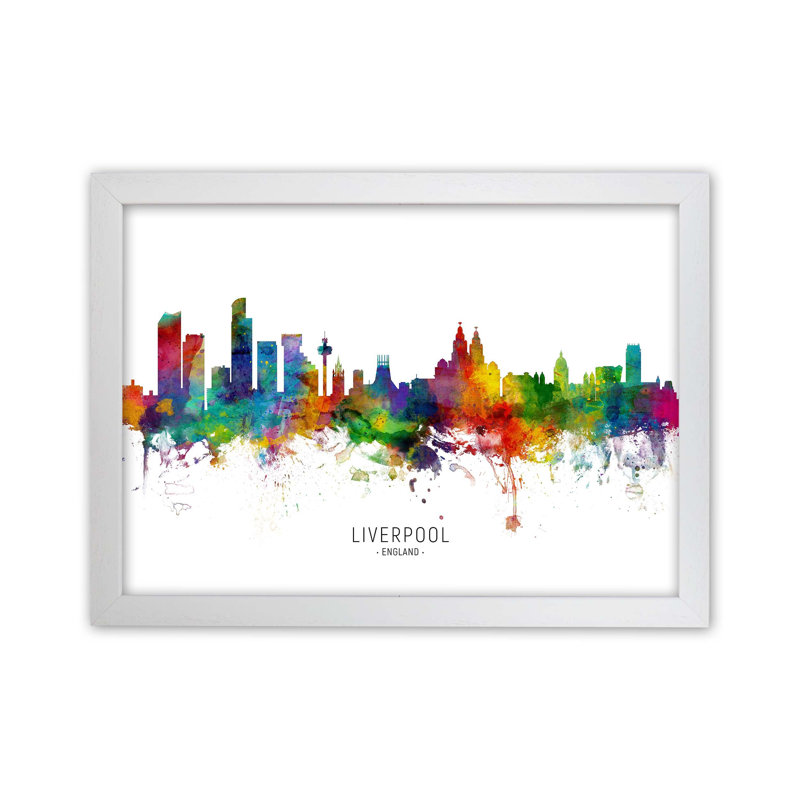 Liverpool England Skyline by Michael Tompsett - Print on Canvas, 64cm H x 88cm W x 3cm D, White Framed