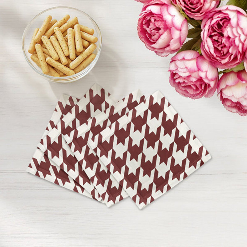 Serviettes de cocktail en satin de coton pied-de-poule, Rouge / Blanc