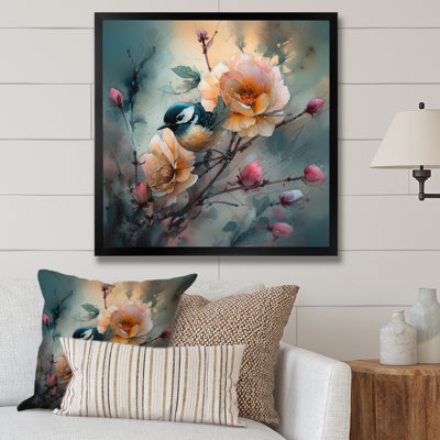 «Blue Little Bird On Rose Tree Banch I», reproduction d'art sur toile