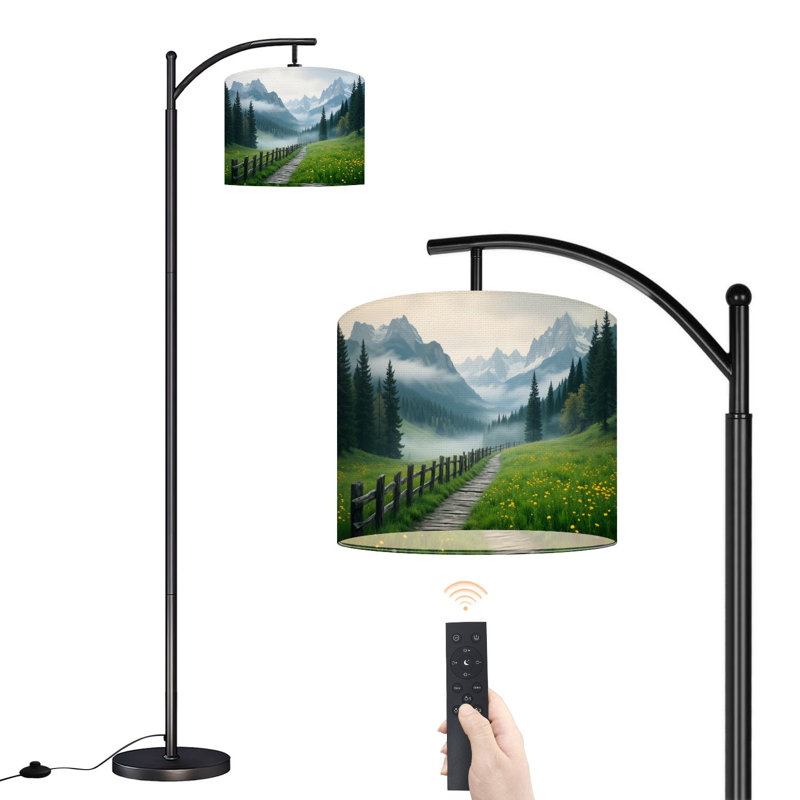 Lampe sur pied à arc avec abat-jour réglable Misty Mountain Valley Pine Forest Wildflower Meadow Lampe sur pied en bois