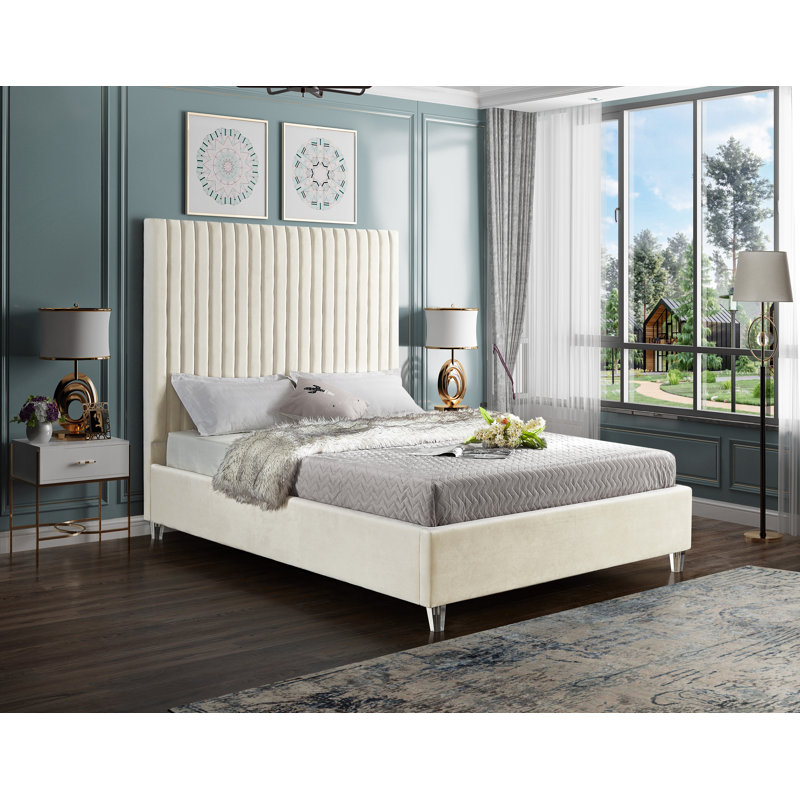 Upholstered Platform Bed, King, Cream Velvet