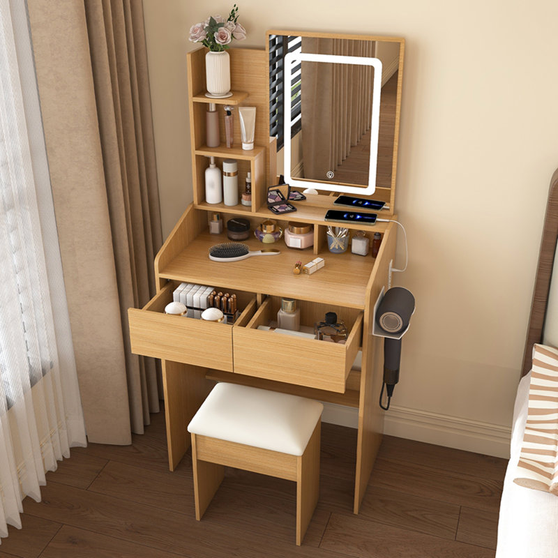 Vanity Table With LED-Illuminated Mirror, Power Outlet, Hairdryer Holder & Stool – Compact Dressing Desk For Small Bedrooms