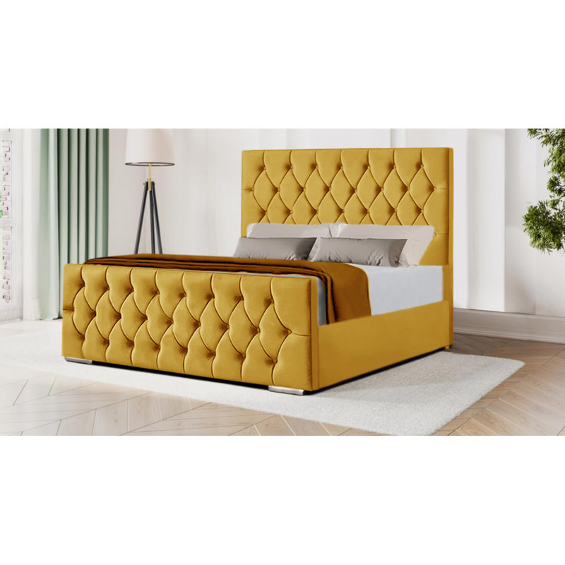 Avaleen Upholstered Bed, Double (135 x 190 cm), Yellow Mustard