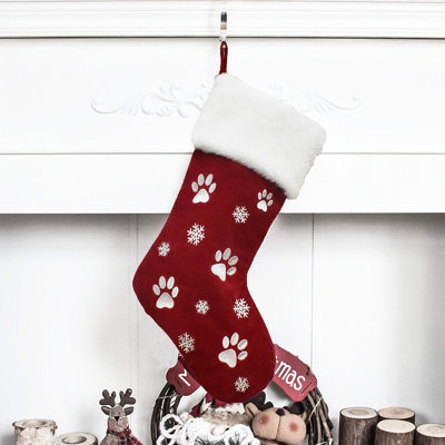 1 paire de bas de Noël avec pochette-cadeau, broderie élan mignon, revers en peluche, rouge.
