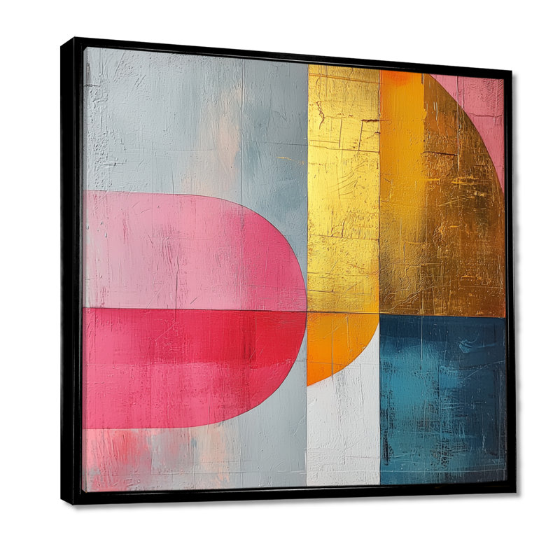 Motif géométrique abstrait doré rose et gris géométrique II, Impression encadrée flottante, Noir, noir, noir, noir