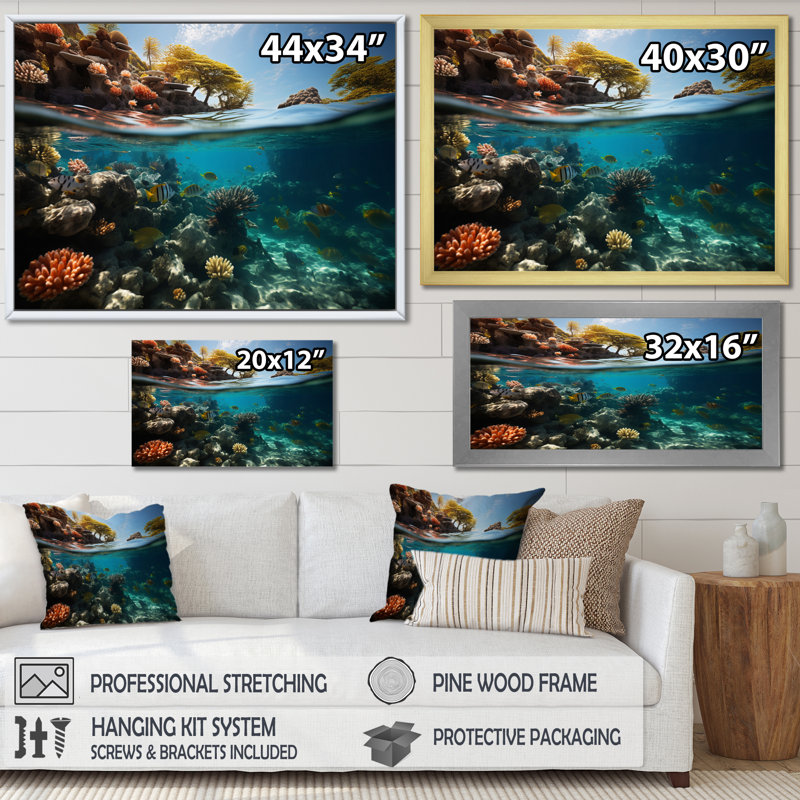 Plage, corail, havre de paix - Reproduction d'art nautique et de plage, Cadre photo noir, H 24 po x l 32 po x P 1 po