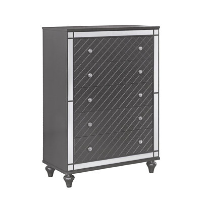 1 pièce Glam 5 tiroirs de rangement de style contemporain avec placage de miroir, pieds fuselés et finition grise, meubles en bois massif pour chambre à coucher