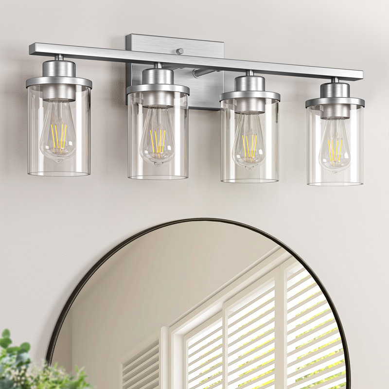 Beaudette 4-Light Dimmable Nickel Bathroom Vanity Light with Clear Glass Shades