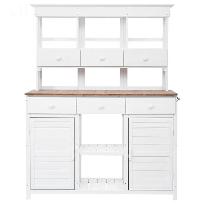 Topmax 65.7'' H Tall Garden Potting Bench Table With Hutch,Patio Storage Workstation With 3 Shelves,6 Drawers,2 Bottom Cabinets&Side Hooks For Mudroom,Doorway
