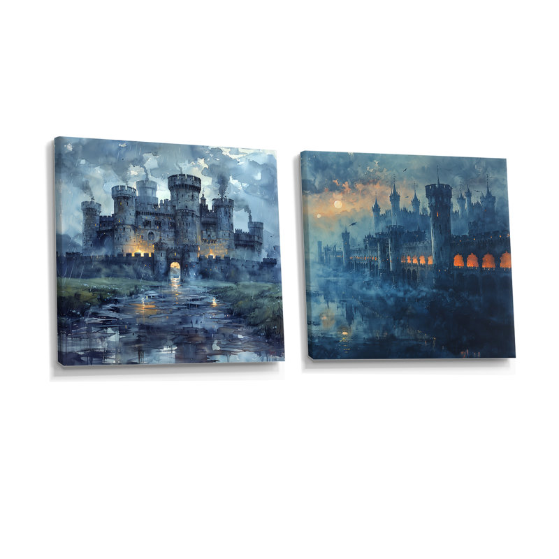 «Blue Middle Ages Castle At Night I» - Fortress Wall Decor - Art mural industriel 2 pièces, H 36 po x l 73 po, Toile tendue