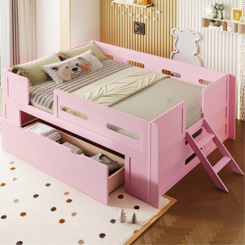 Lit plateforme double avec garde-corps et tiroir, rose, Lit double, Pink
