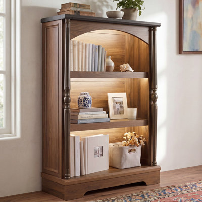 3-Tier Bookcase with LED Lights, Arched Bookshelf with Solid Wood Classical Columns, Wooden Open Display Storage Bookshelves for Home Office, Living Room, Walnut