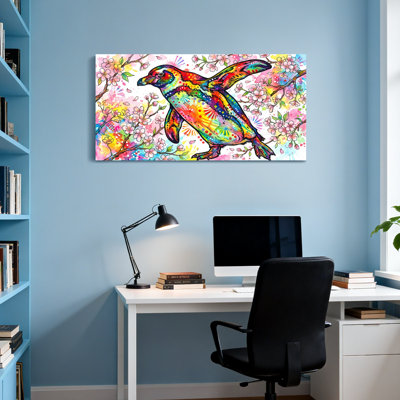 Animaux pingouins colorés sur fond de fleurs de cerisier