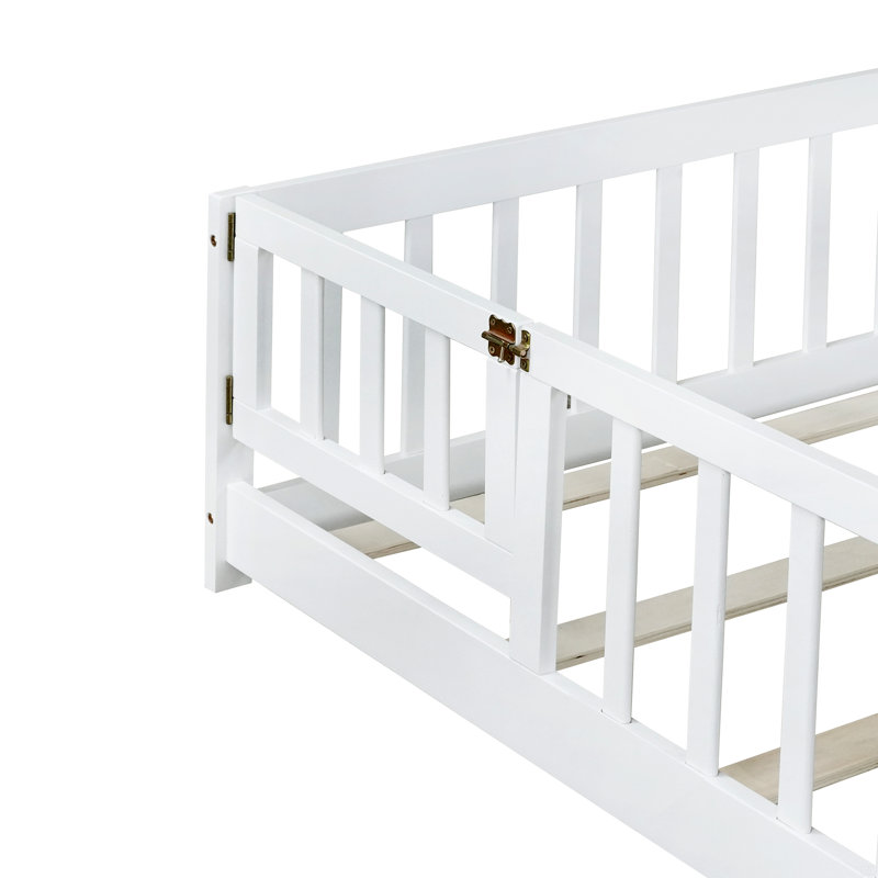 Full Size Floor Bed With Fence And Door,Rubber Wood Floor Bed With Safety Guardrails, White, Full