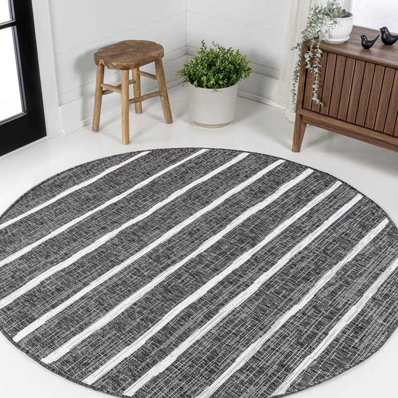 Siegert Berber Stripe Black/Ivory Indoor/Outdoor Rug, Round 3'11"