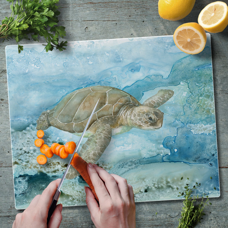 Under Sea Life Tempered Glass Cutting Board with Sea Turtle Design