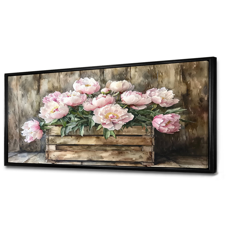 Pivoine campagnarde - Bouquet de pivoines, H 28 po x l 60 po, Floater Framed, Noir